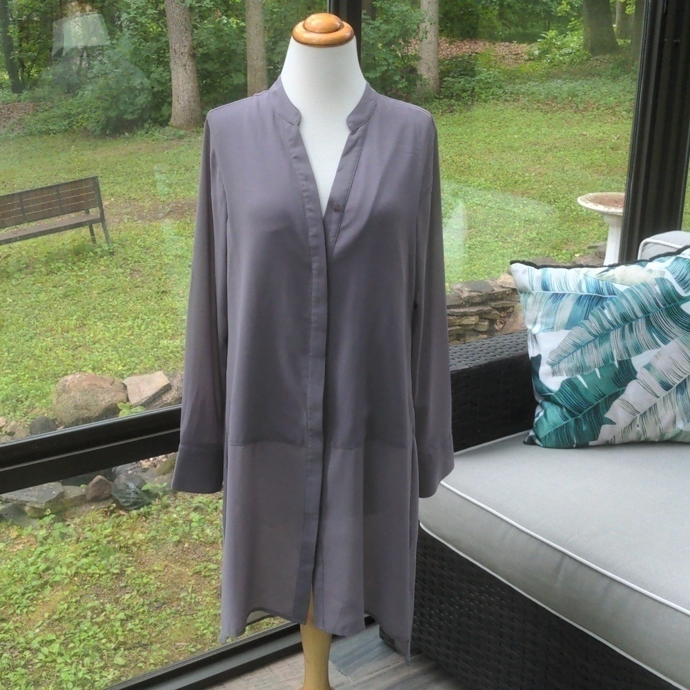 Soft Surroundings Luisa Tunic Top Gray Button Down Shirt Blouse Sheer